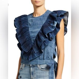 7 For All Mankind Ruffled Tie Dye Denim Top